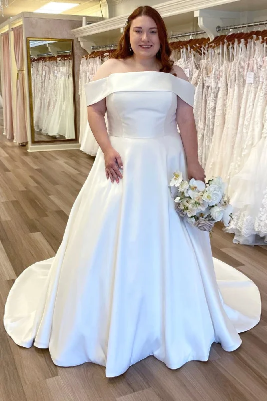 White Satin Off-the-Shoulder A-Line Long Wedding Dress