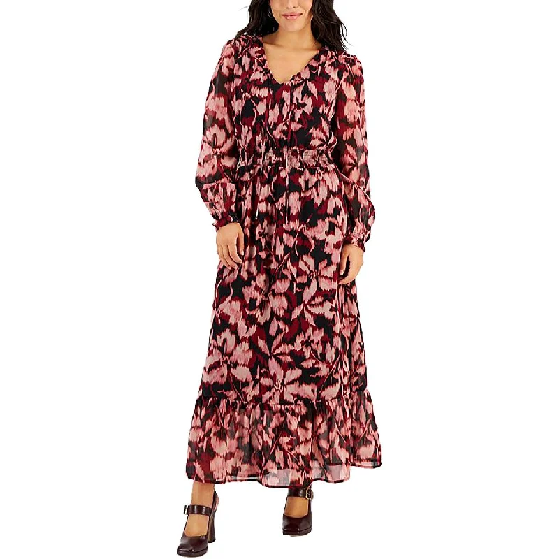 Petites Womens Chiffon Printed Maxi Dress