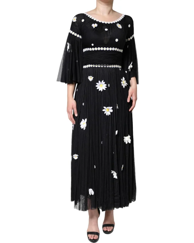 Dolce & Gabbana Silk Daisy A-line Long Maxi Dress with 3/4 Sleeves and Round Neckline