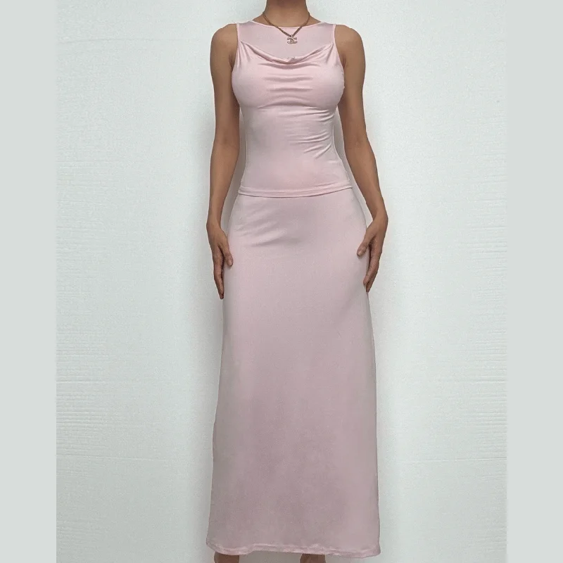 Cowl neck ruched solid tank maxi dress