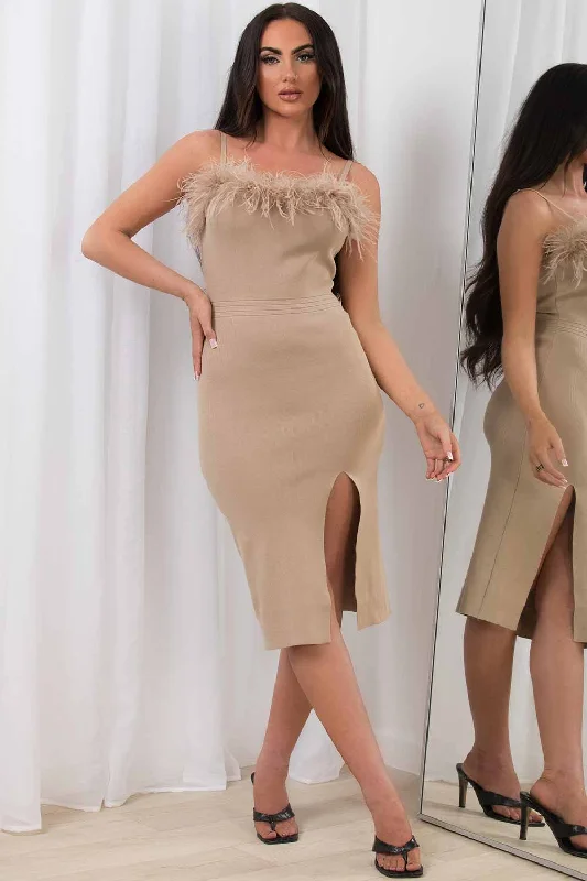 Feather Trim Midi Dress With Side Slit Beige