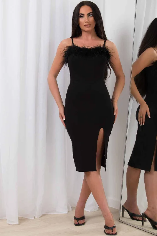 Feather Trim Midi Dress With Side Slit Black