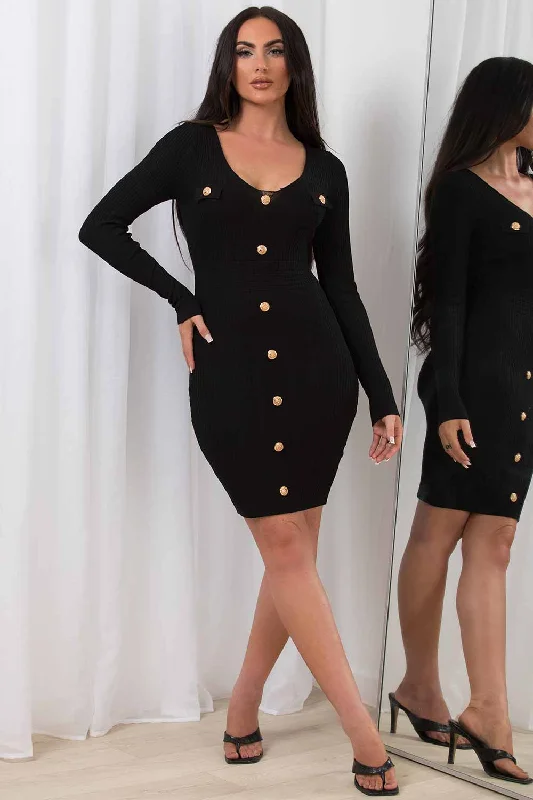 Midi Dress With Gold Buttons Long Sleeves Black