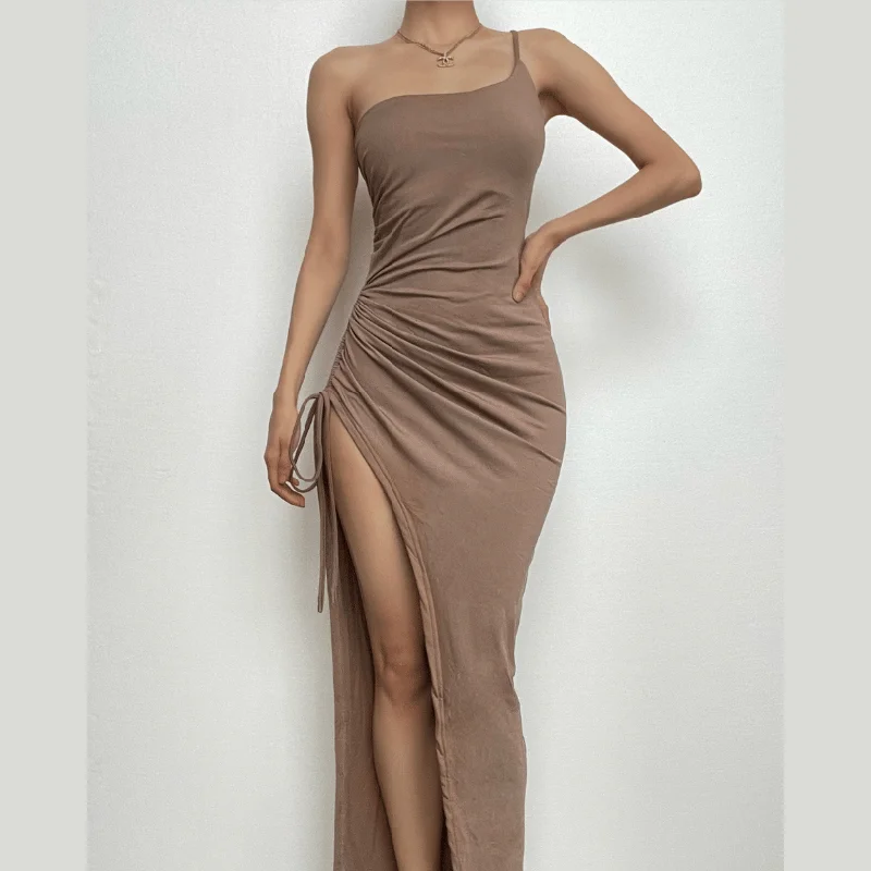 One shoulder irregular self tie solid slit ruched maxi dress