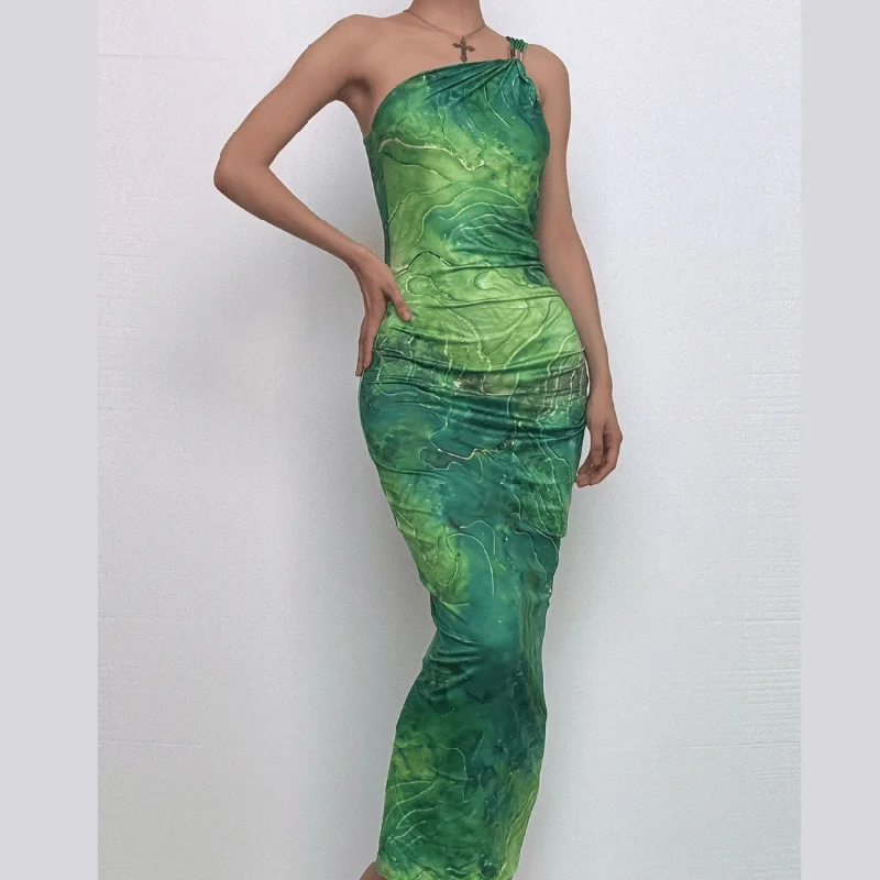 One shoulder print ruched maxi dress