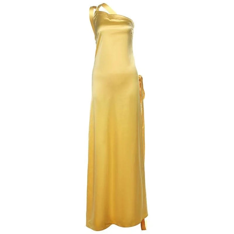 One shoulder satin backless knotted maxi dress