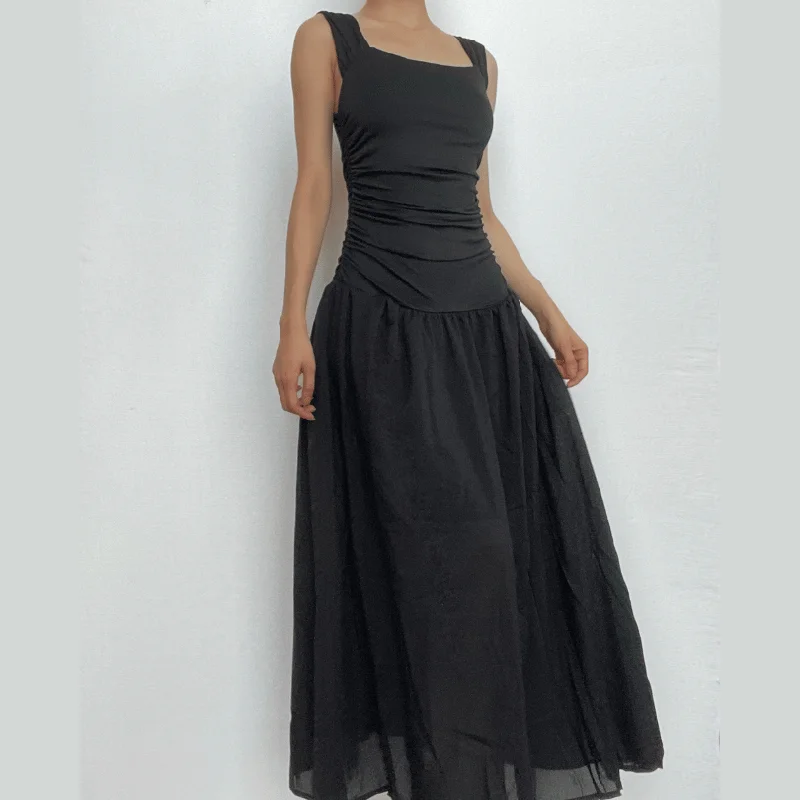 Square neck ruched backless cap sleeve solid maxi dress