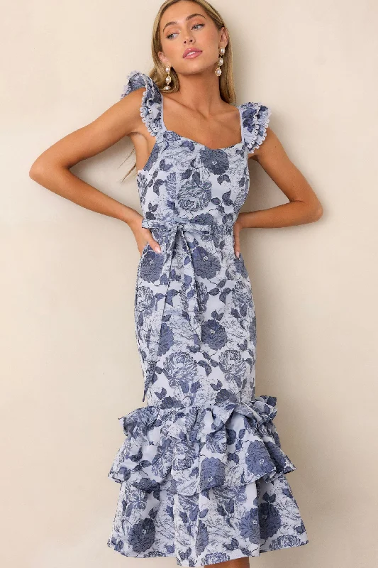 Start All Over Blue Floral Ruffle Midi Dress