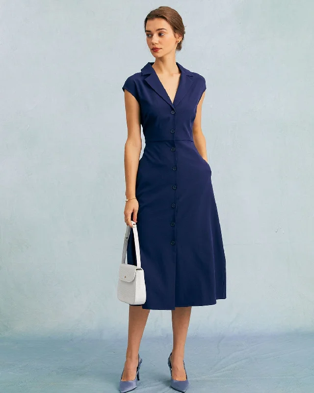 The Navy V Neck Button Cap Sleeve Midi Dress