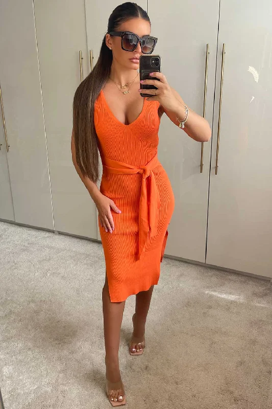 Tie Waist Rib Knit Midi Dress Orange