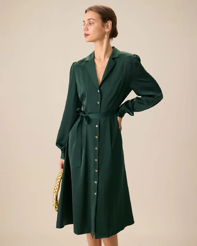 Green Satin Button Midi Dress