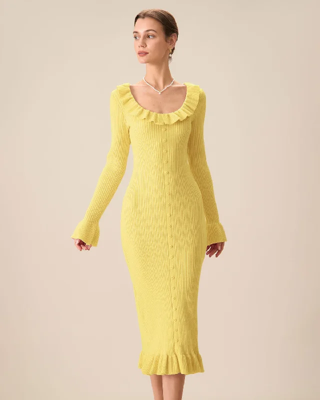 Yellow U-Neck Ruffle Bodycon Sweater Dress