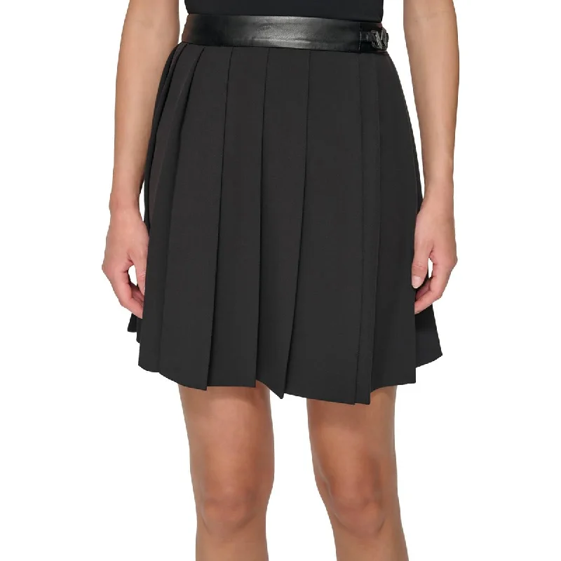 DKNY Womens Faux Leather Trim Short Pleated Skirt