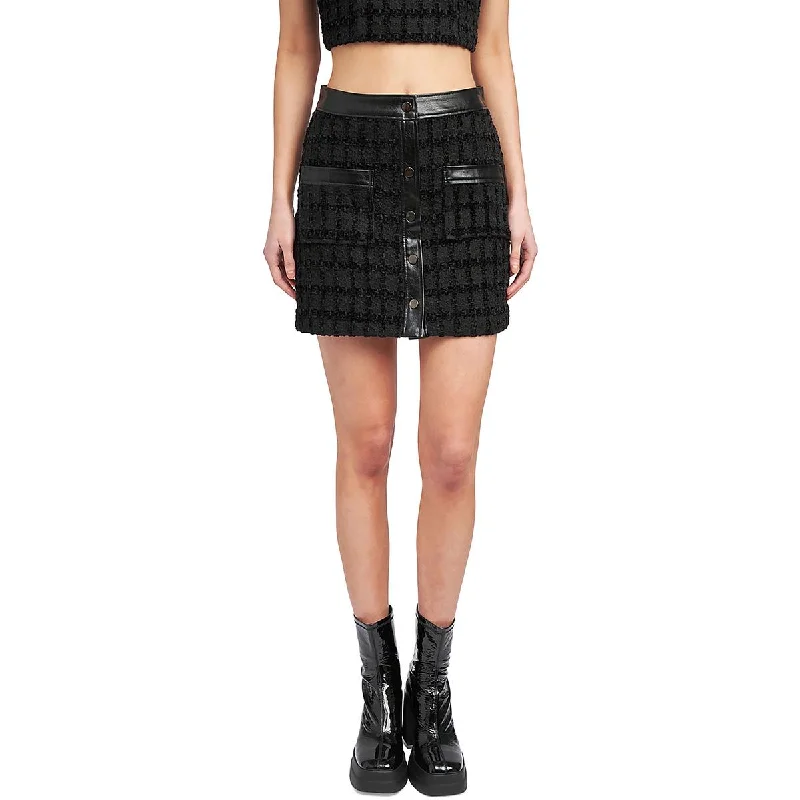 En Saison Womens Tweed Faux Leather Trim Mini Skirt