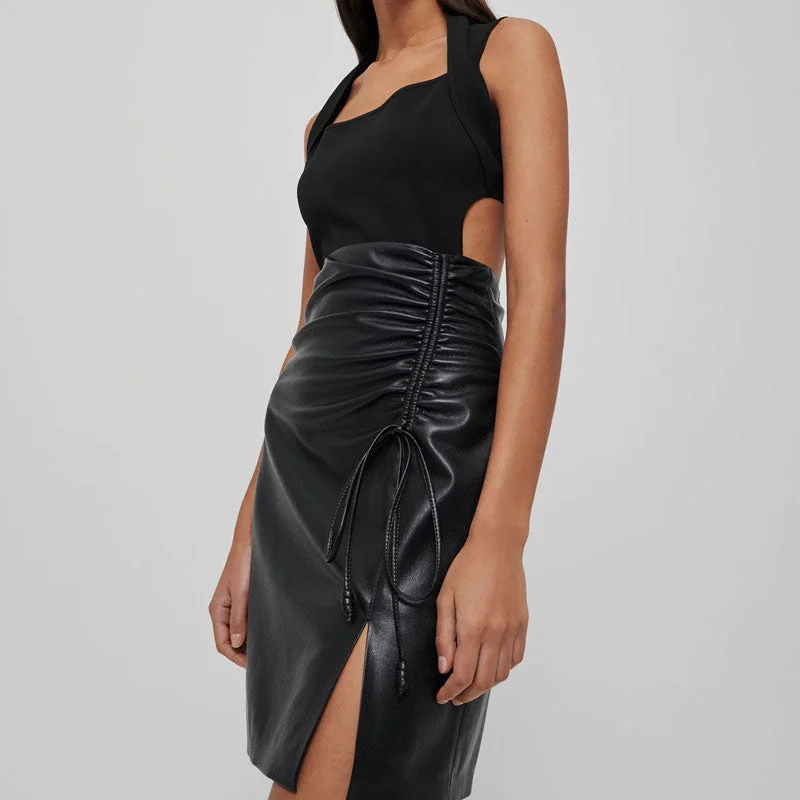 Sexy Drawstring Ruched Side Slit Faux Leather Mini Bodycon Skirt - Black