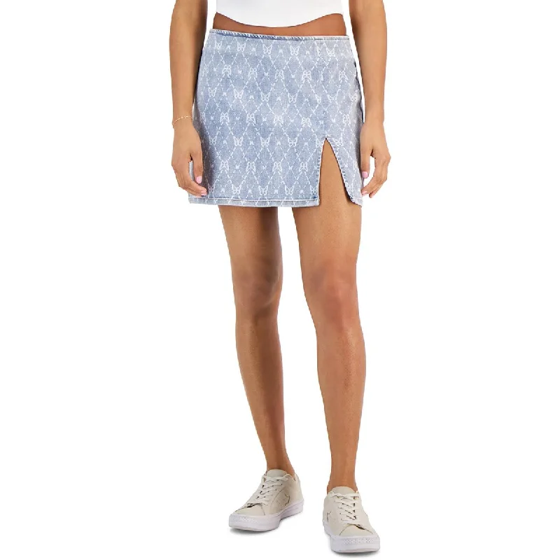 Tinseltown Womens Juniors Mini Printed Denim Skirt