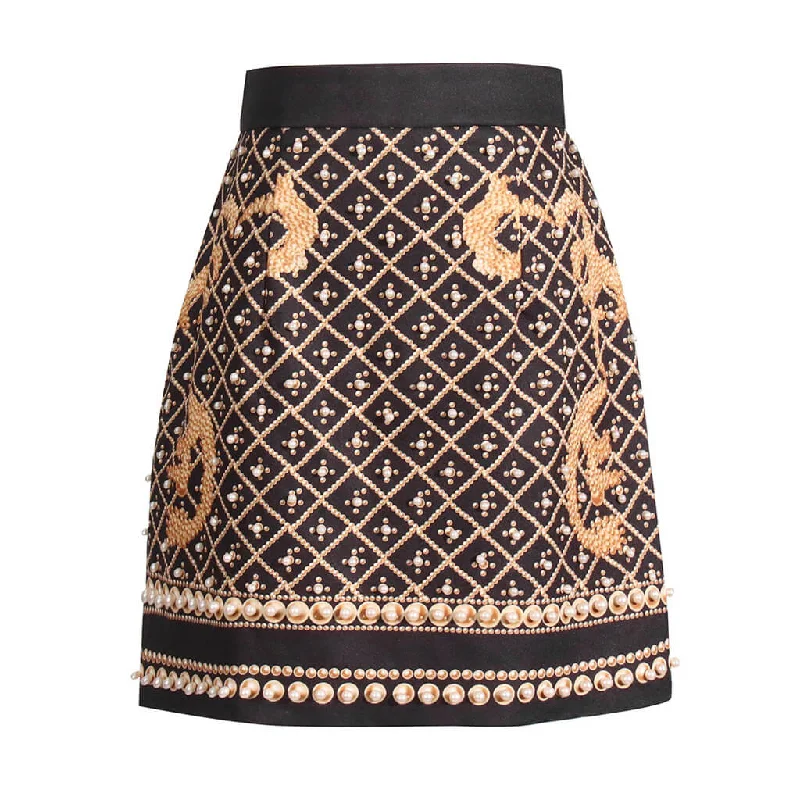 Vintage Imitated Pearl Baroque Print High Waist A Line Mini Skirt