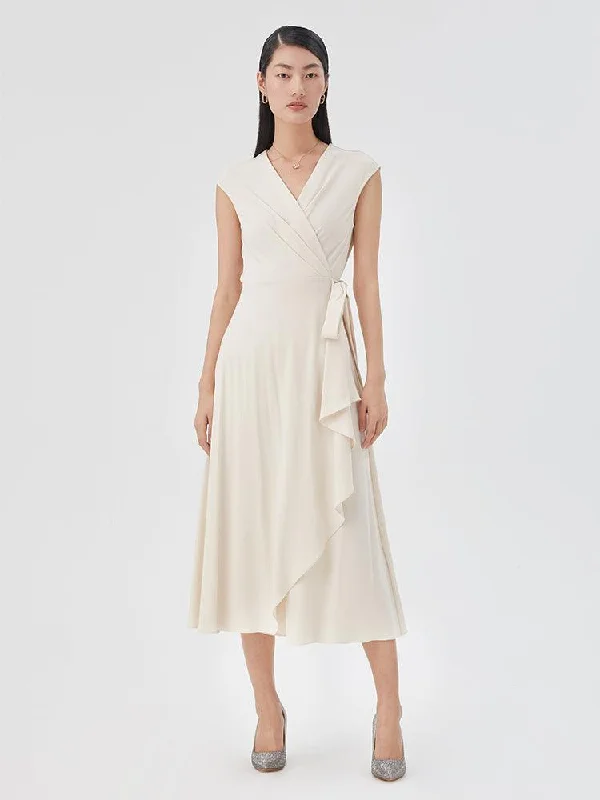 Triacetate Gown V-Neck Gathered Waist Dress