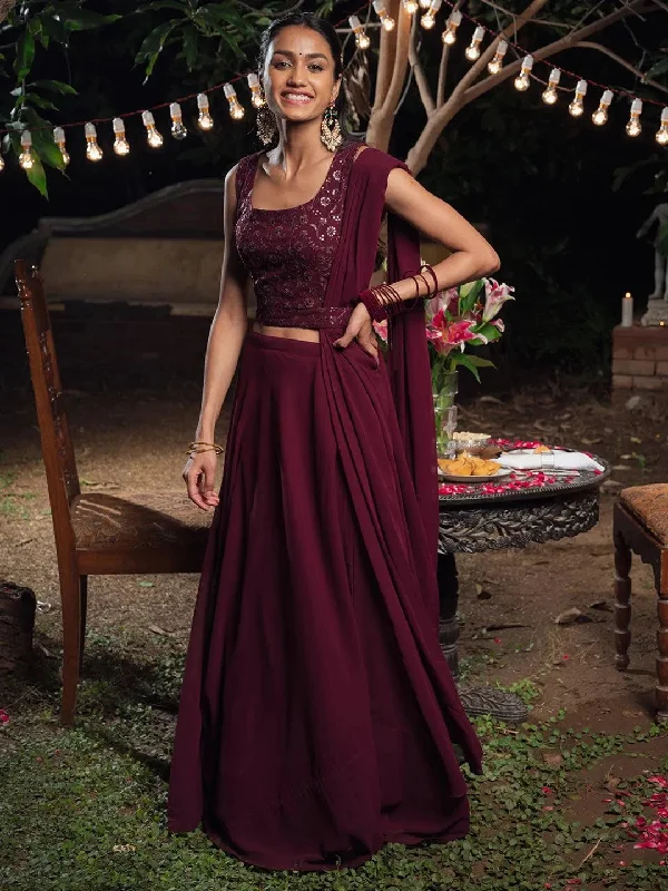 Burgundy Embroidered Georgette Lehenga Set