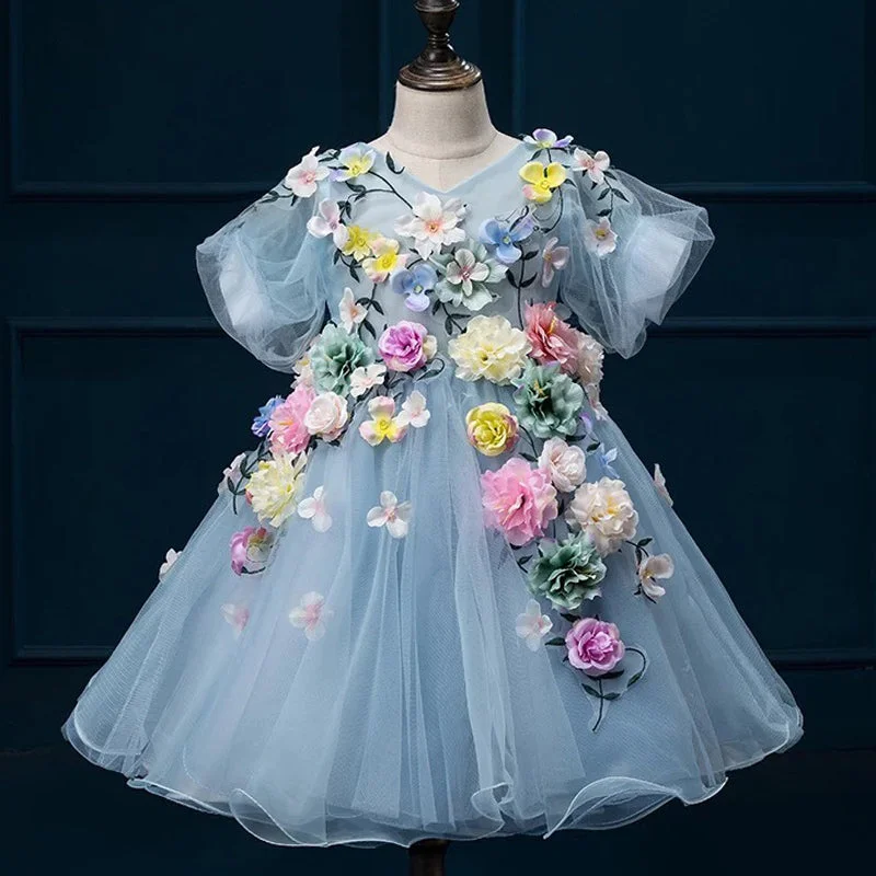 Flower Girl Dress Baby Girl Blue Cute Princess Party Dress Toddler Ball Gowns