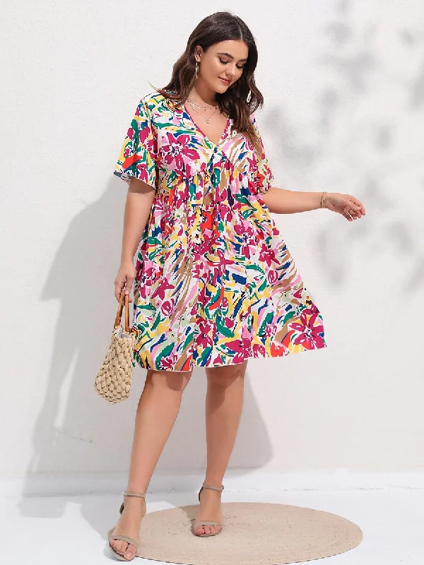 BerriesJam - Floral Print Flutter Sleeve Deep V-neck Knee Length Skirt