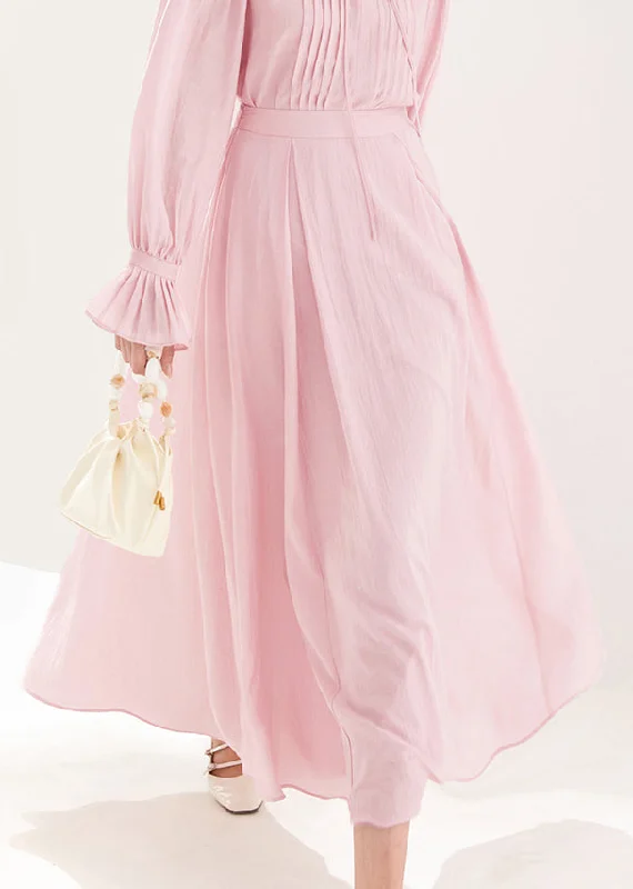 French Pink Zippered Solid High Waist Cotton A Line Skirts Fall