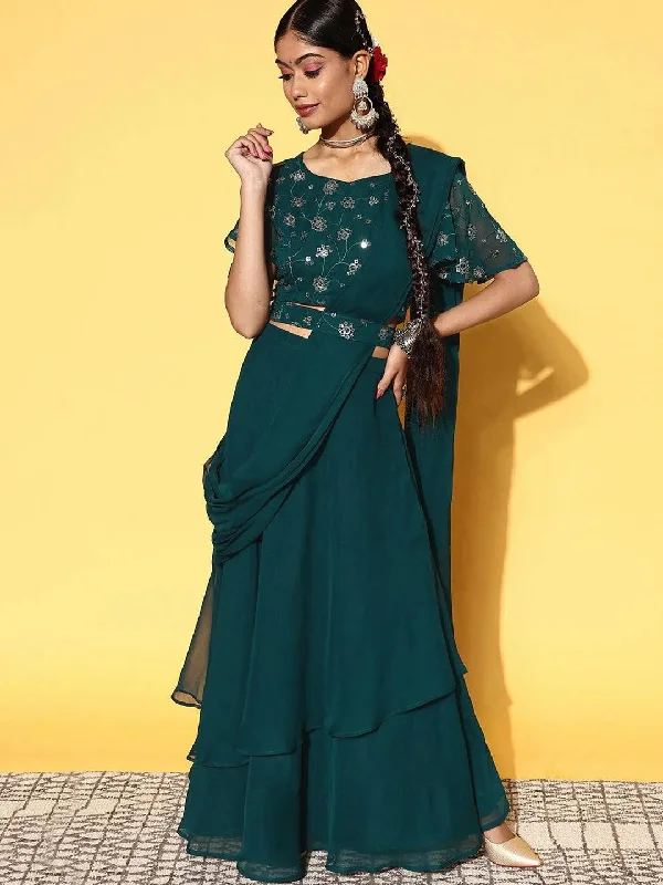 Green Embroidered Georgette Lehenga Set