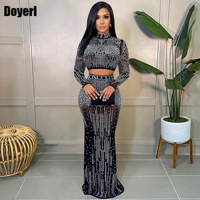 Long Sleeve Sexy Mesh Maxi Bodycon Dress Elegant Party Dress Women Wedding Evening Sparkly Rhinestone Birthday Dress for Women