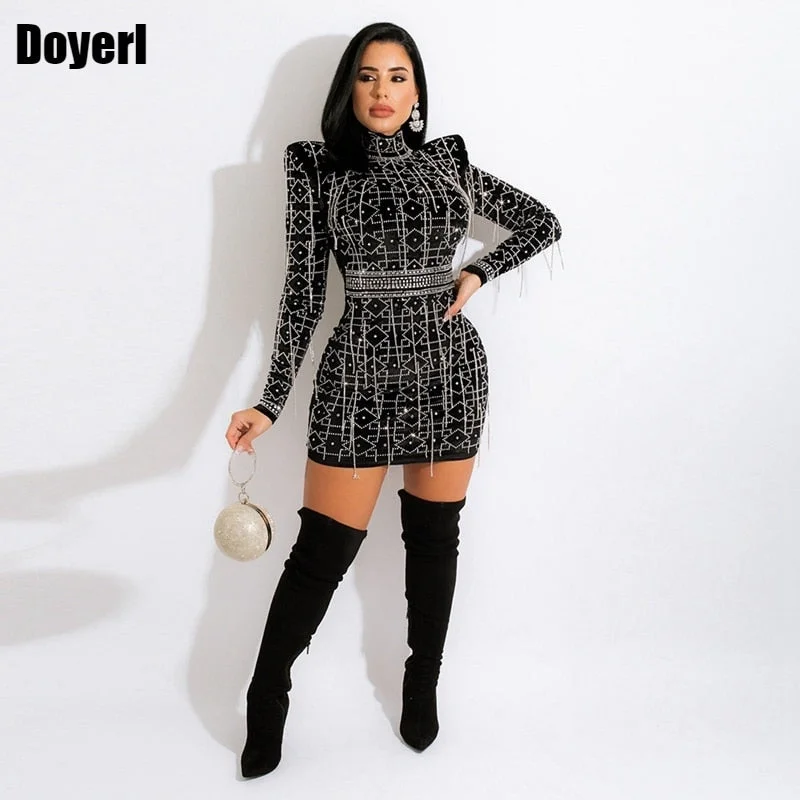 Sexy Sparkly Birthday Party Dress for Women Night Club Wear Mini Rhinestone Bodycon Dress Winter Evening Elegant Christmas Dress