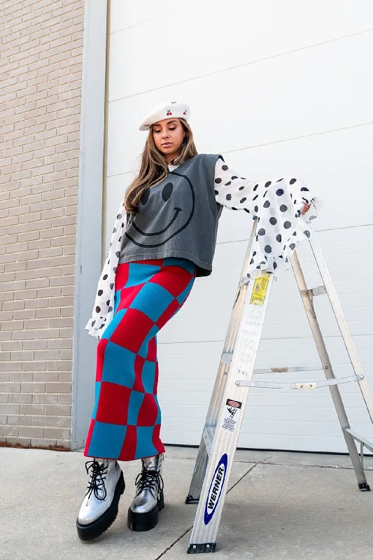 To The Stars Knit Skirt in Red + Blue Checkerboard