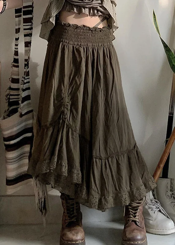 Vintage Army Green Ruffled Cinched Elastic Waist Cotton Skirts Fall