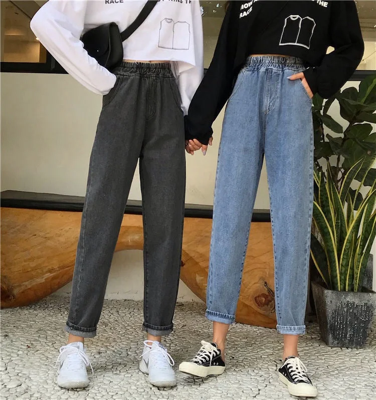 NiDELL Blue Gray Jeans for Women Korean Style . New Elastic High Waist Loose All-Match Ankle-Length Dad Harem Pants Fashion