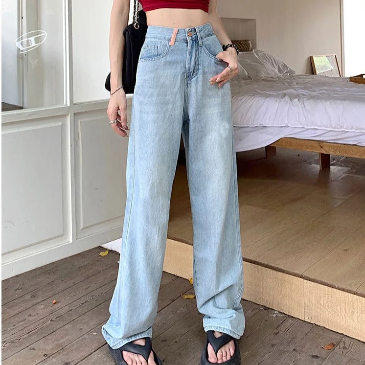 NiDELL Contrast Color Tassel Design Embroidered Pocket Jeans Women's Summer and Autumn High Waist Casual Pear-Shaped Mopping Straight-Leg Wide-Leg Pants