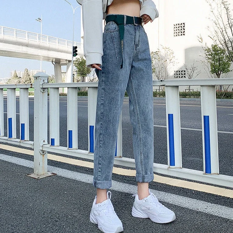 NiDELL Daddy Jeans for Female Students . New Korean Style High Waist Slimming Loose Straight Outerwear Tappered Harem Pants