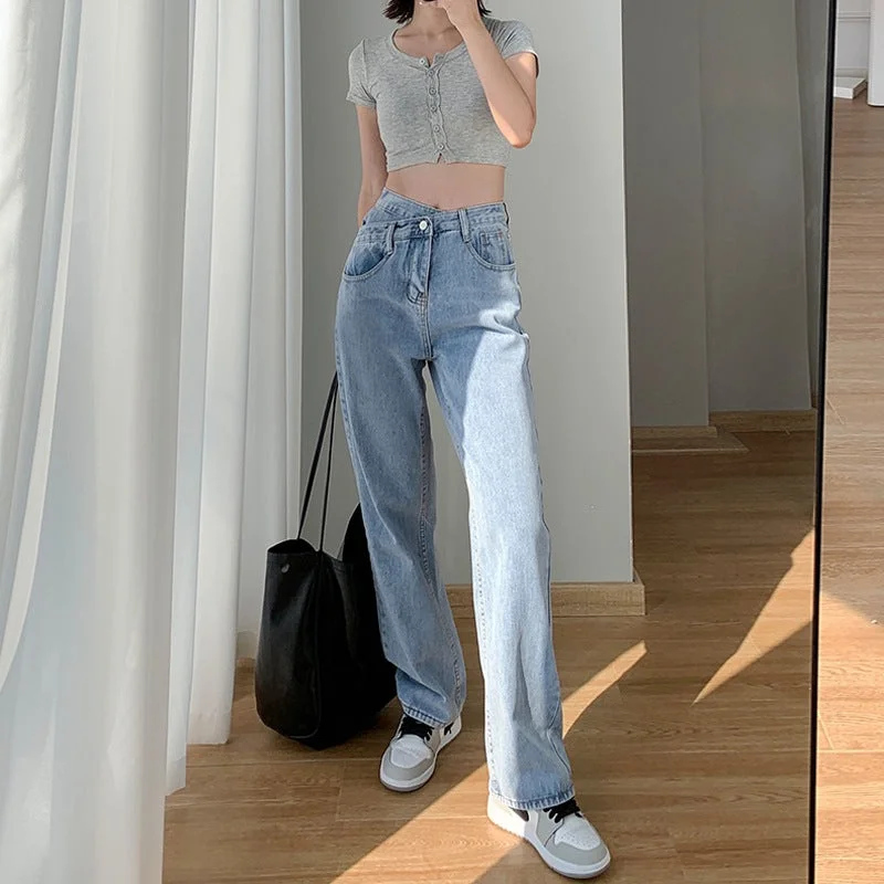 NiDELL Design Diagonal Buckle Jeans Female Summer New Irregular High Waist Slimming and Wide Leg Straight Drooping Mop Pants Autumn