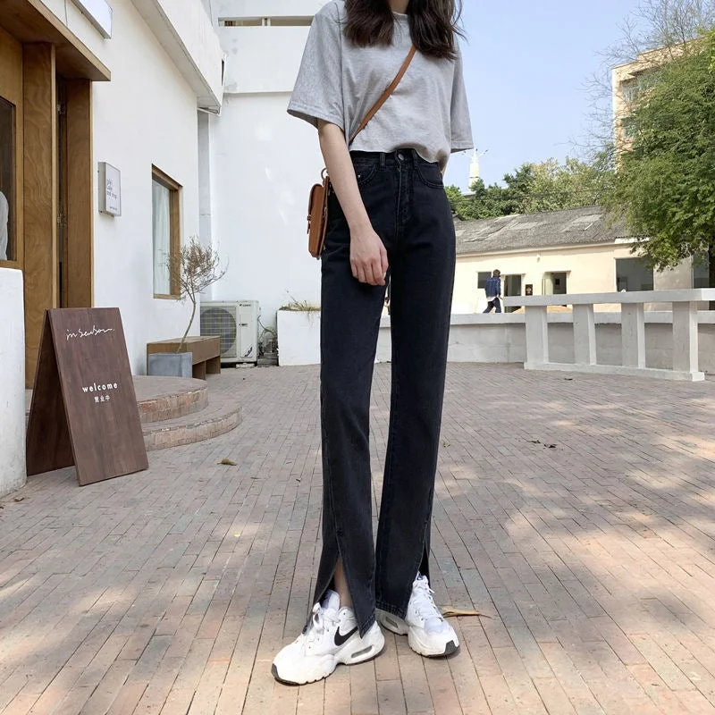 NiDELL Design Hem Split Jeans for Women . New High Waist Black Slim Fit Mopping Fork Bootleg Pants