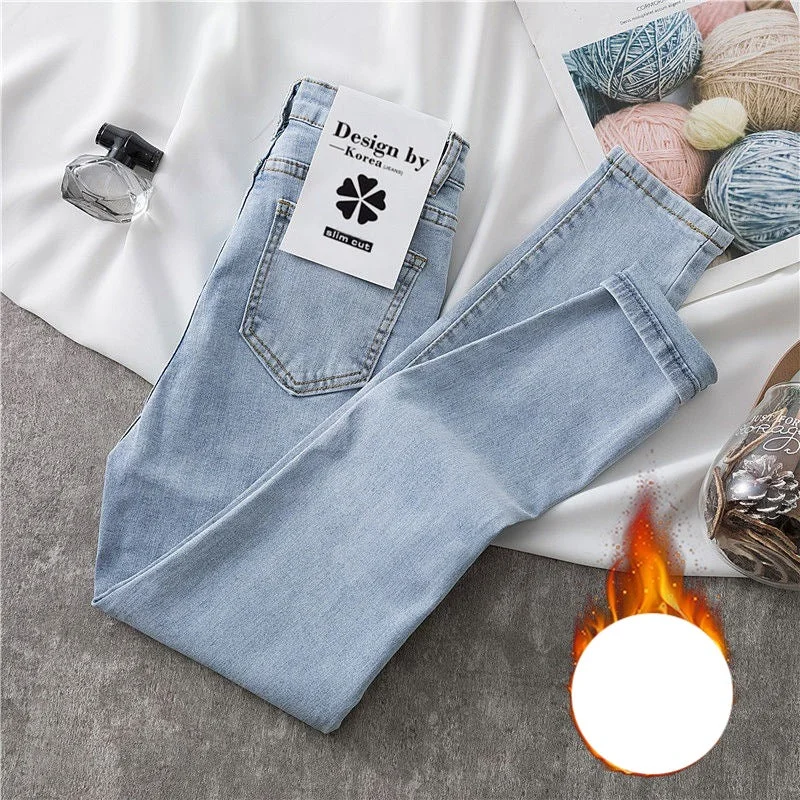 NiDELL Fleece-Lined Thick Jeans Women's Autumn and Winter Korean Style High Waist Slimming All-Matching Keep Warm Outerwear Skinny Pants Children