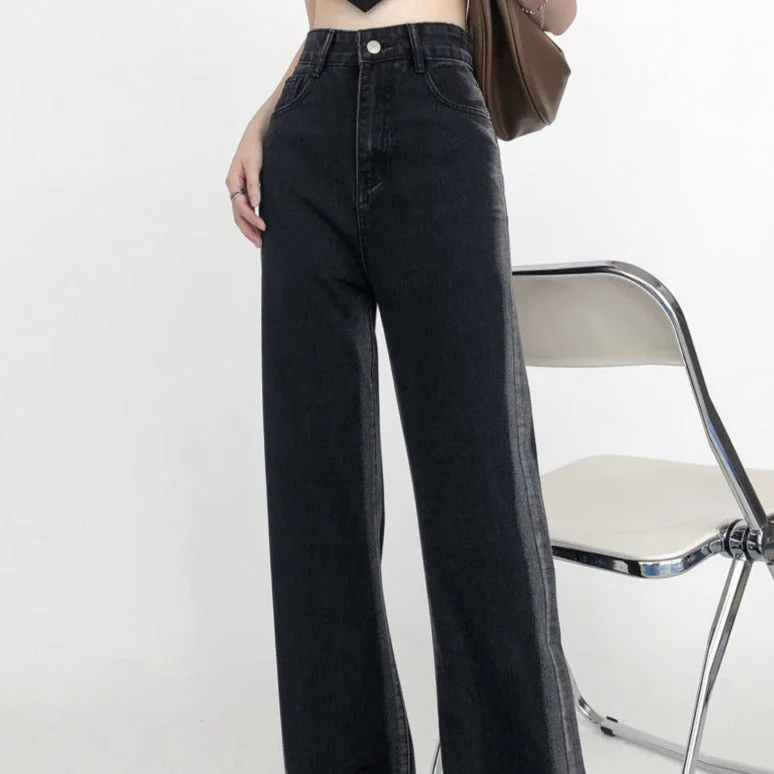 NiDELL Gradient High Waist Jeans Women's Fleece-Lined Warm Small Loose Straight Contrast Color Wide-Leg Pants Thick Mop Pants