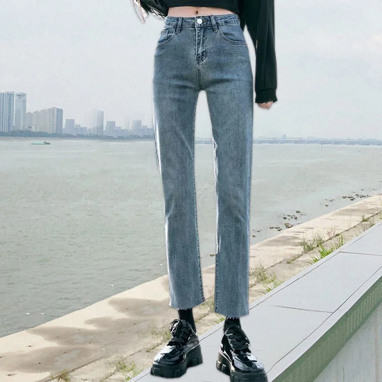 NiDELL High Waist Elastic Straight Jeans for Women . New Autumn and Winter Loose Slimming and Tall Raw-Cut Ankle-Length Cigarette Pants