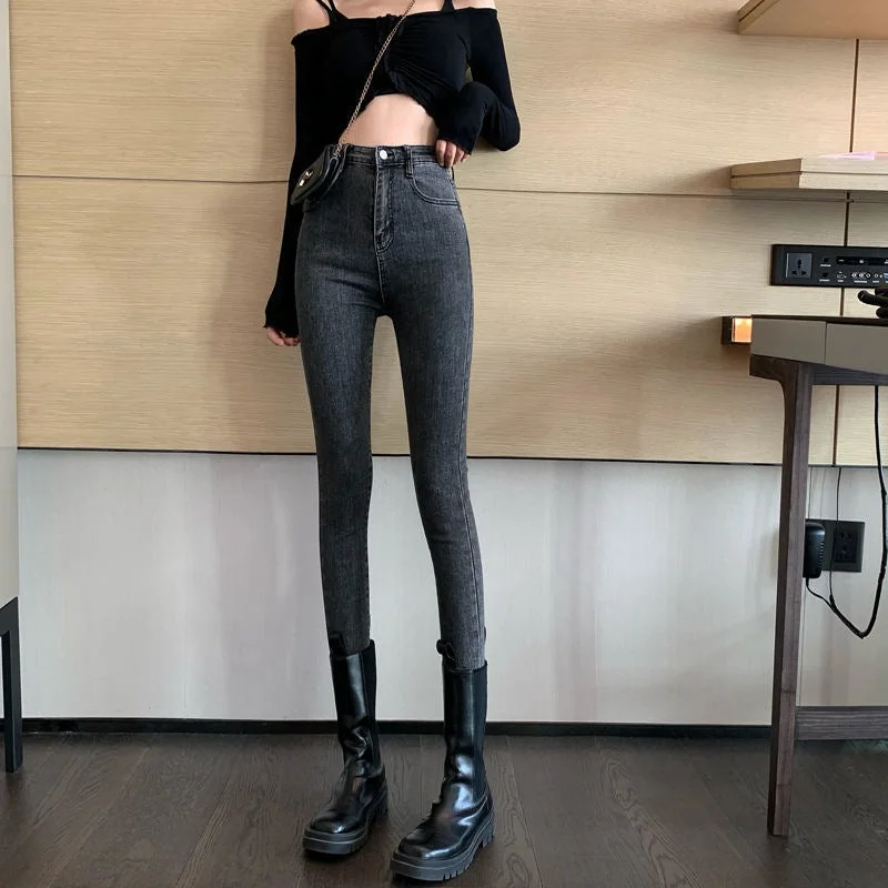 NiDELL High Waist Jeans Women's Clothing . Spring New Korean Style Slimming High Tight Stretch Ankle Tight Pencil Pants