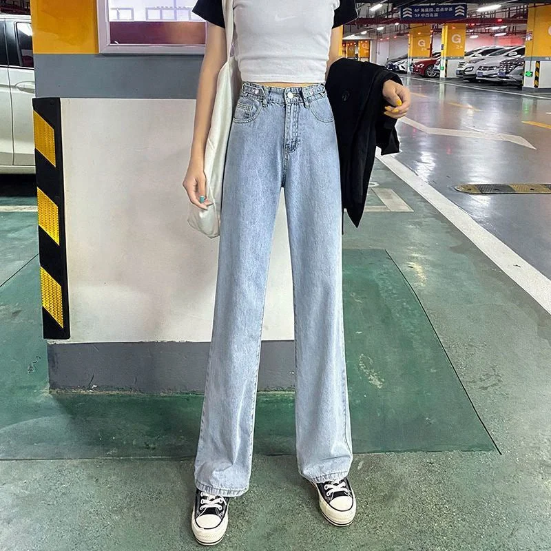 NiDELL High Waist Jeans Women's Korean-Style Loose BF Style Xuan Ya Straight Wide Leg Slimming High-Rise Draping Mopping Pants Chic Fashion