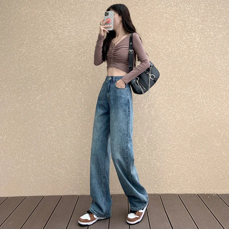 NiDELL High Waist Plump Girls Wide Leg Straight Jeans Women's Autumn and Winter . New Large Size Retro Loose Mop Pants