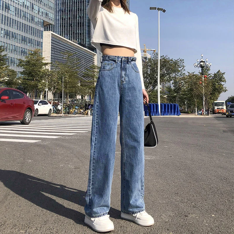 NiDELL Jeans for Women . Autumn and Winter New Retro High Waist Slimming and Straight Loose Wide Leg Pants Drape Mop Pants