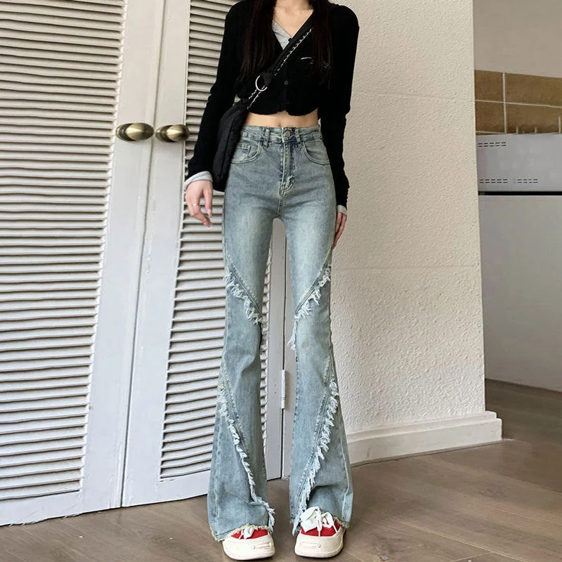 NiDELL Jeans Women's Autumn High Waist American Stitching Edging Bootcut Pants Small Nostalgic All-Matching Straight Horseshoe Pants