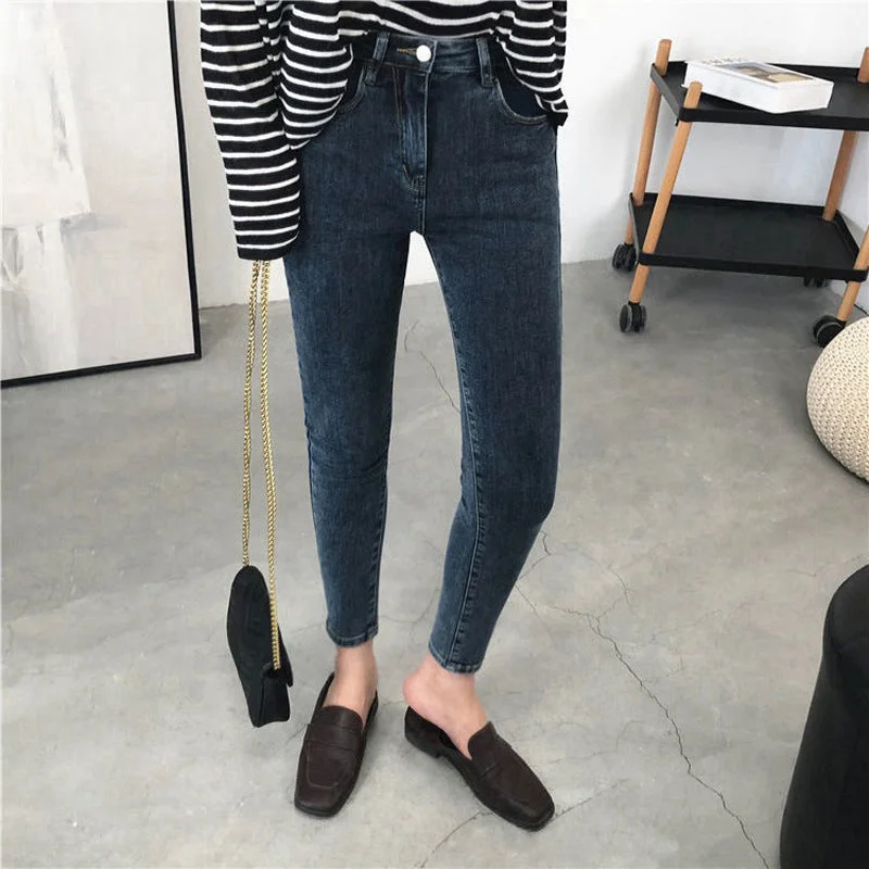 NiDELL Korean Style Slimming outside Wear Spring and Autumn Jeans Women's Pants High Waist Stretch All-Matching Tight Ankle-Length Pencil Tappered Pants Winter