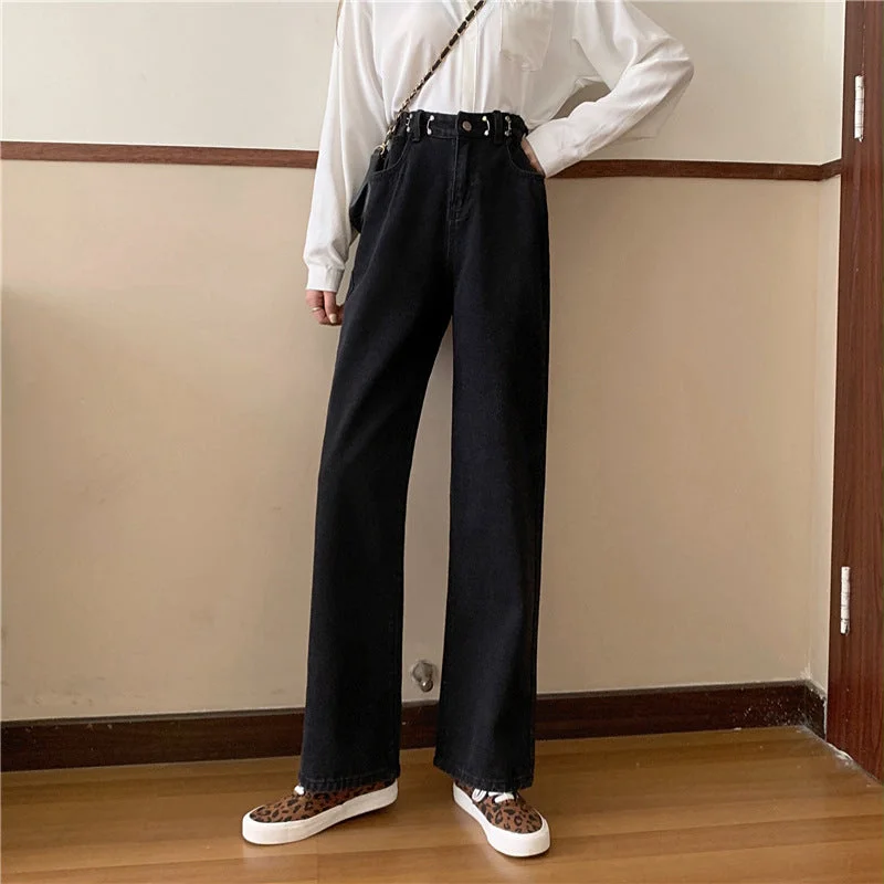 NiDELL Korean Style Waist Adjustable High Waist Jeans Women's Spring and Autumn BF Style All-Match Daddy Drape Wide Leg Straight Mop Pants