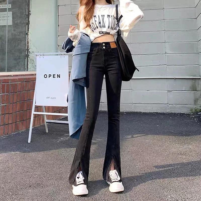 NiDELL Labeling Split Jeans Women's Autumn and Winter Straight Double Buckle High Waist All-Matching Slim Split Elastic Mop Bell-Bottom Pants