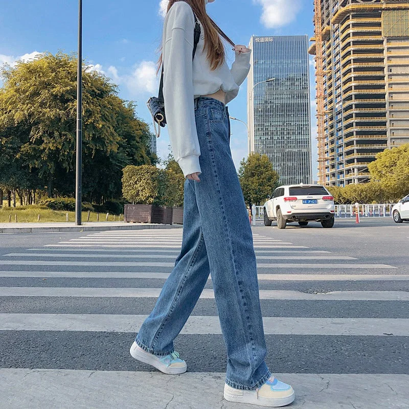 NiDELL Loose Wide Leg Jeans Women's Autumn Clothing . New Retro High Waist Versatile Slimming Vibe Style Straight Mopping Pants