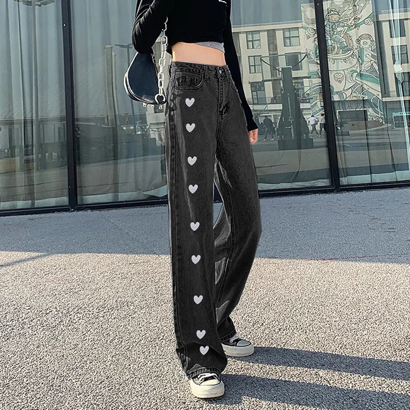 NiDELL Love Embroidered Jeans Women's Summer . New Light Color High Waist Wide Leg Pants Loose Straight Mopping Pants Tide