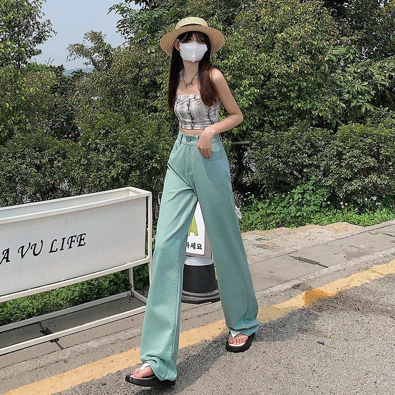 NiDELL Mint Green Jeans Women's Korean-Style Straight Thin Loose Summer High Waist Draping Mop Vibe Style Wide-Leg Pants